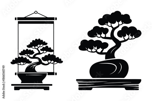 Traditional Bonsai Art Display with Wall Scroll and Stand