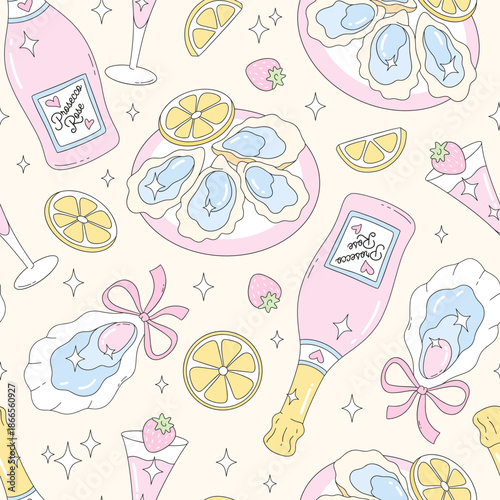 Preppy Coastal Seafood Seamless Pattern with Oysters, Champagne, Lemon and Strawberry Cocktails in Pastel Vector Style for Restaurant Menus, Packaging and Elegant Summer Design