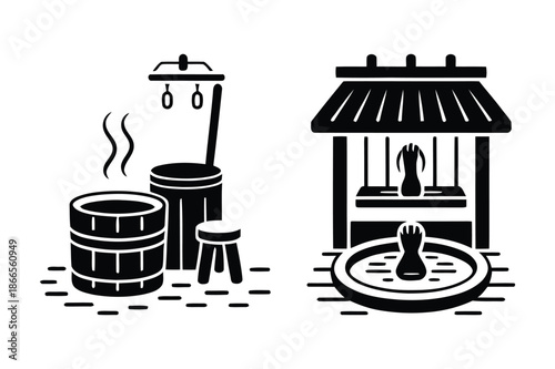 Traditional Japanese Onsen Hot Spring and Spa Wooden Tub Icons
