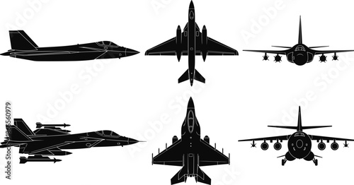 Military jet aircraft silhouette set, modern fighter planes top side front views, air force aviation, black vector illustration