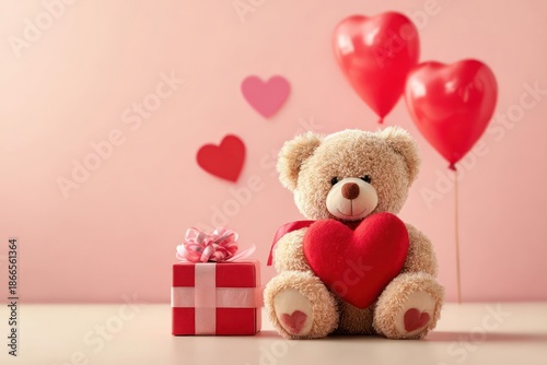 Teddy Bear Holding Heart with Gift and Balloons on Pink Background