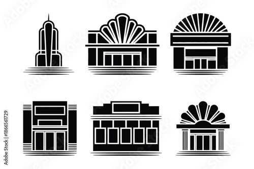 Art Deco Architecture and Vintage Theater Building Silhouette Icons