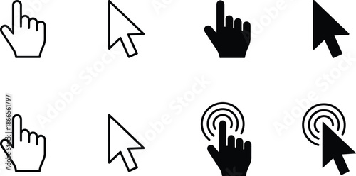 Click and tap gesture icon set featuring hand pointer and mouse cursor symbols for touchscreen web user interface design