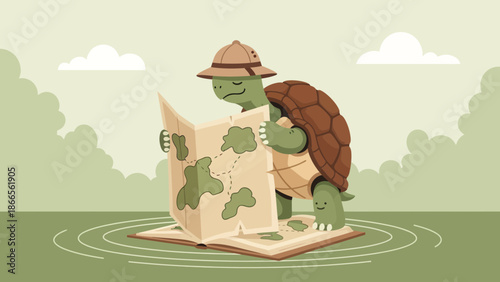 Cartoon Explorer Turtle Reading A Treasure Map Standing on An Open Book