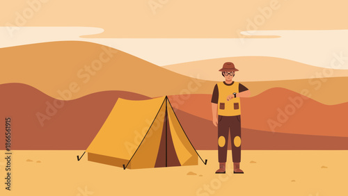 Cartoon Explorer Checking Time Near A Camping Tent In The Desert Landscape