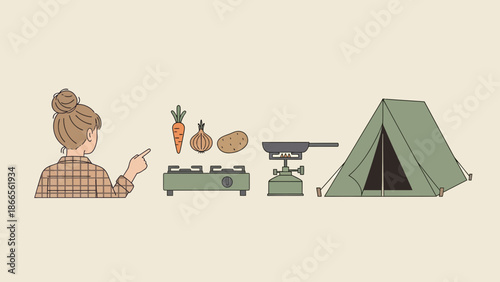 Camping Trip Preparation With Tent Stove And Fresh Vegetables Illustration