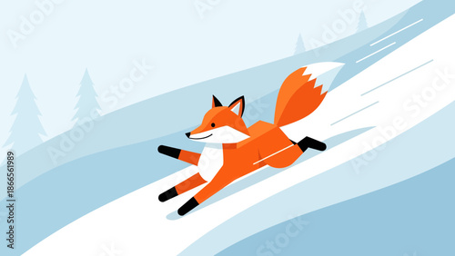 Cartoon Fox Sliding Downhill In Winter Landscape Flat Vector Illustration