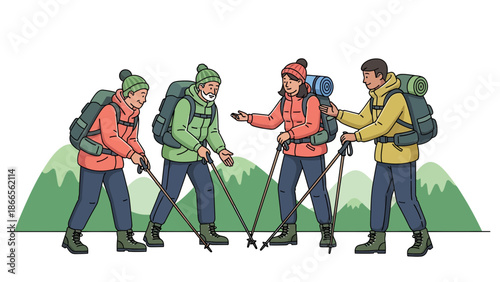 Cartoon Hiking Adventure With Friends Exploring Mountain Trails Together