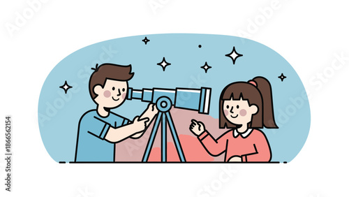 Cartoon Illustration Of Young Astronomers Discovering The Vastness Of Space