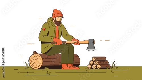 Cartoon Lumberjack Resting After Cutting Wood In Forest Landscape Illustration