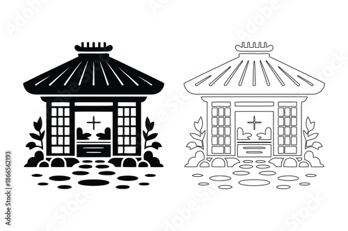 Traditional Japanese Tea House and Gazebo Line Art Icon Set