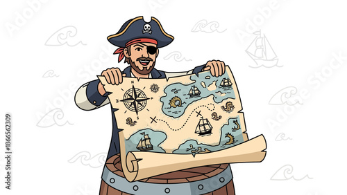 Cartoon Pirate Holding Treasure Map With Jolly Roger Hat On Barrel
