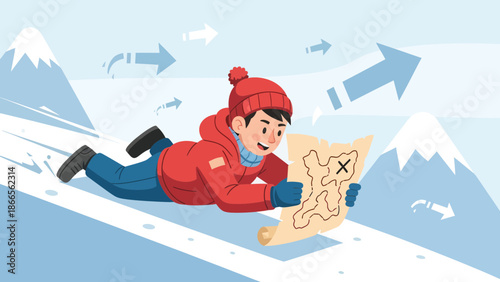 Cartoon Adventurer Charts Course On Snowy Terrain Towards Mysterious Marked Destination
