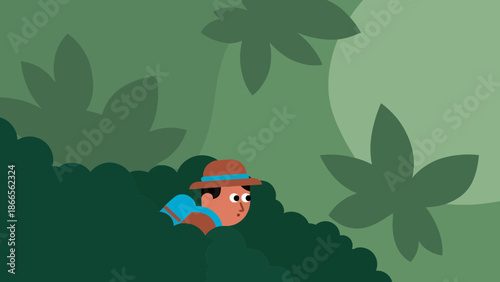 Cartoon Adventurer Exploring The Jungle Foliage With Curiosity And Discovery