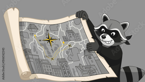 Cartoon Raccoon Holding a Treasure Map to Navigate Urban Adventures