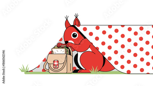 Cartoon Red Squirrel Preparing A Sandwich At A Picnic Under A Polka Dot Blanket