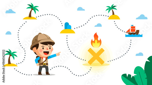 Cartoon Adventurer Following a Tropical Treasure Map to Discovering Hidden Riches