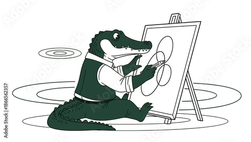 Cartoon Alligator Artist Draws On Easel In Water Outline Artistic Expression