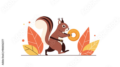 Cartoon Squirrel Carries Donut In Forest With Autumn Leaves Vector Illustration