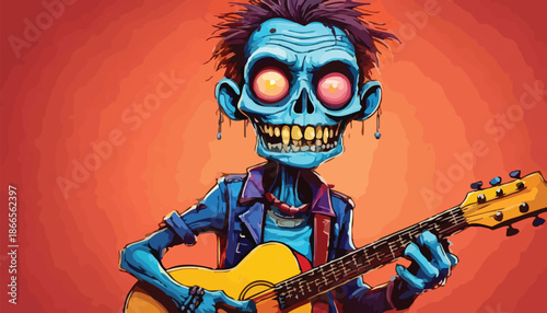 Cartoon Zombie Rock Star Playing Guitar with Spooky Style.