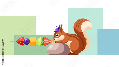 Cartoon Squirrel With Party Hat Enjoys Colorful Fruit Skewer On Abstract Background