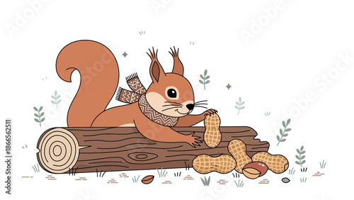 Cartoon Squirrel With Scarf Peeking Over Log Holding Peanut