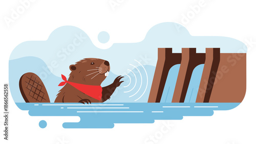 Cartoon Beaver With Red Bandana Inspecting Dam Construction In Water