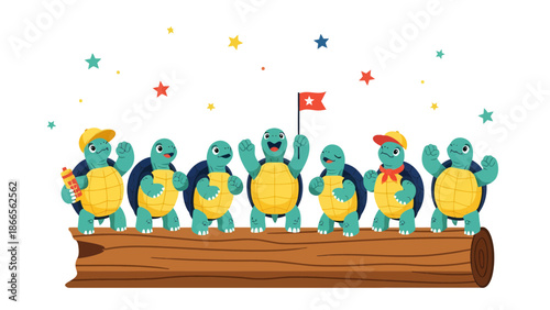 Cartoon Team Of Happy Turtles Standing On Wooden Log Celebrating Victory