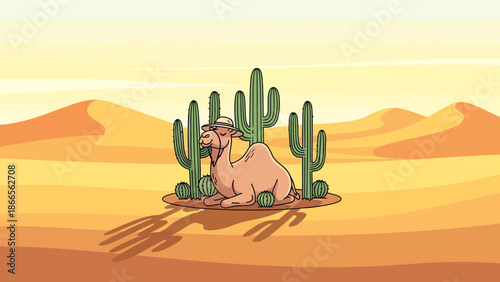 Cartoon Camel Relaxing In Desert Oasis With Cacti Under Warm Sunset Skies
