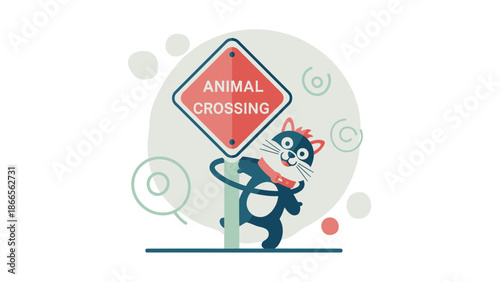 Cartoon Cat Posing With Animal Crossing Sign For A Safety Campaign
