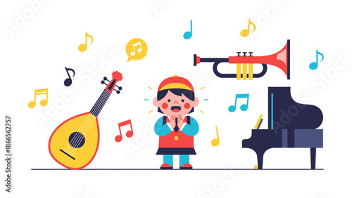 Cartoon Character Surrounded By Musical Instruments In A Cheerful Composition