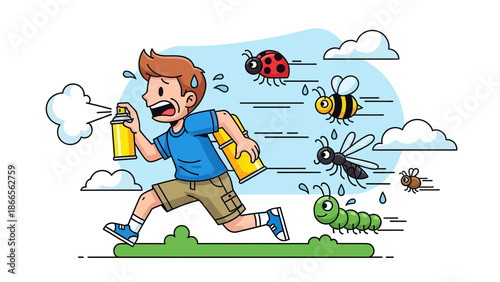 Cartoon Character Fleeing From Insects While Using Insecticide Spray Cans