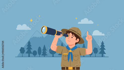 Cartoon Young Scout Looking Through Spyglass In The Forest Exploring Adventure
