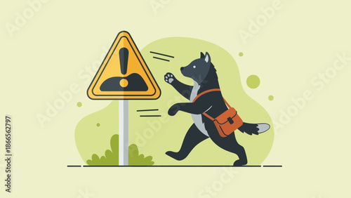 Cartoon Dog Running Dangerously Past Road Hazard Sign With a Small Bag