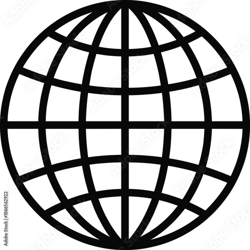 Global globe grid icon representing world map internet network international connection geography symbol for web interface design and digital applications