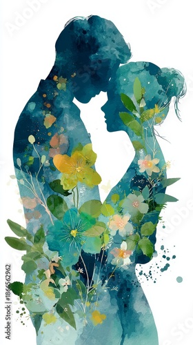 Silhouettes of a couple embracing, surrounded by colorful flowers and leaves. The scene conveys love and nature in a harmonious blend of colors.