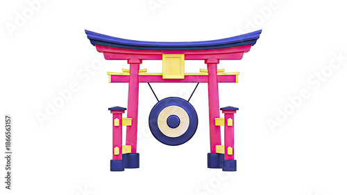 Red and Yellow Torii Gate with Gong