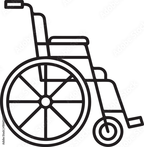  line vector icon of a simple side profile of a wheelchair on white background