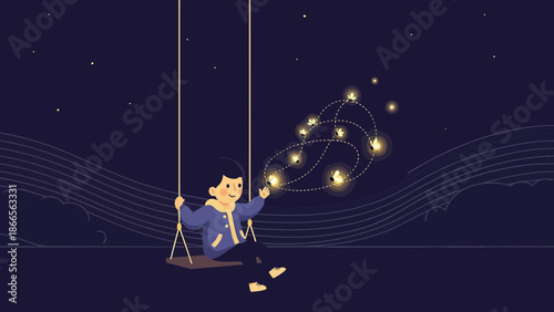 Boy On A Swing Surrounded By Fireflies On A Starry Night Scene