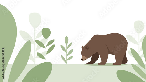 Brown Bear Foraging Among Stylized Plants In A Serene Minimalist Landscape