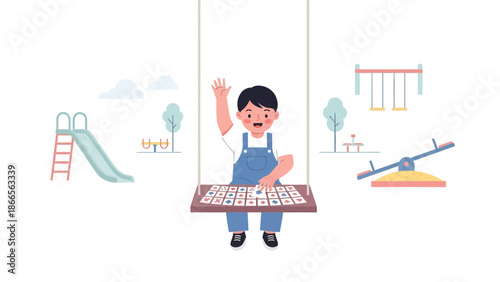 Boy On Swing Playing Cards At The Playground Vector Illustration