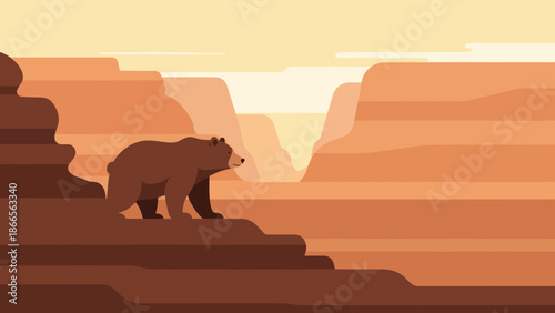 Brown Bear Exploring Grand Canyon Desert Landscape Illustration Graphic Design