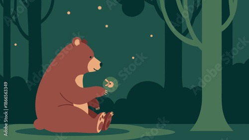 Brown Bear Gazing At A Firefly In A Dreamy Forest Illustration