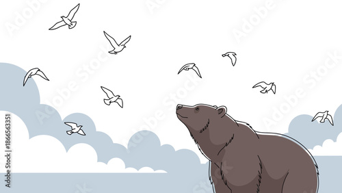 Brown Bear Gazing At Flying Birds In The Sky Surrounded By Clouds Illustration