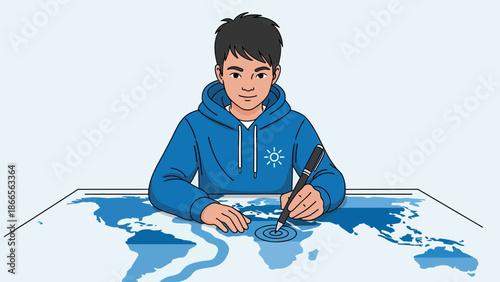 Boy Planning Global Strategy On World Map Sketch Young Man Geography Study