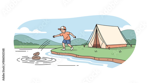 Boy Playing Skipping Stones near Tent on Summer Vacation Trip at Campsite