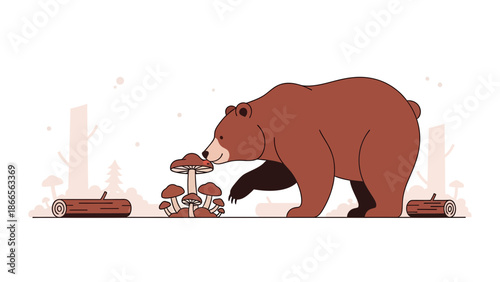 Brown Bear Smelling Mushrooms Cartoon Illustration Wildlife Woodland Adventure