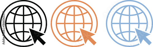 Global web navigation icon set with globe and cursor symbols representing internet access online browsing digital network connection technology