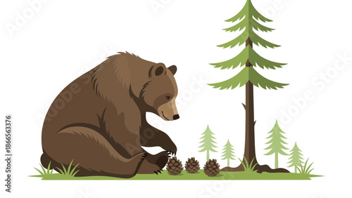Brown Bear Sitting Playing With Pine Cones In A Forest Cartoon Style