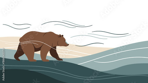 Brown Bear Strolling On A Hillside Against Graphic Waves Silhouette Illustration